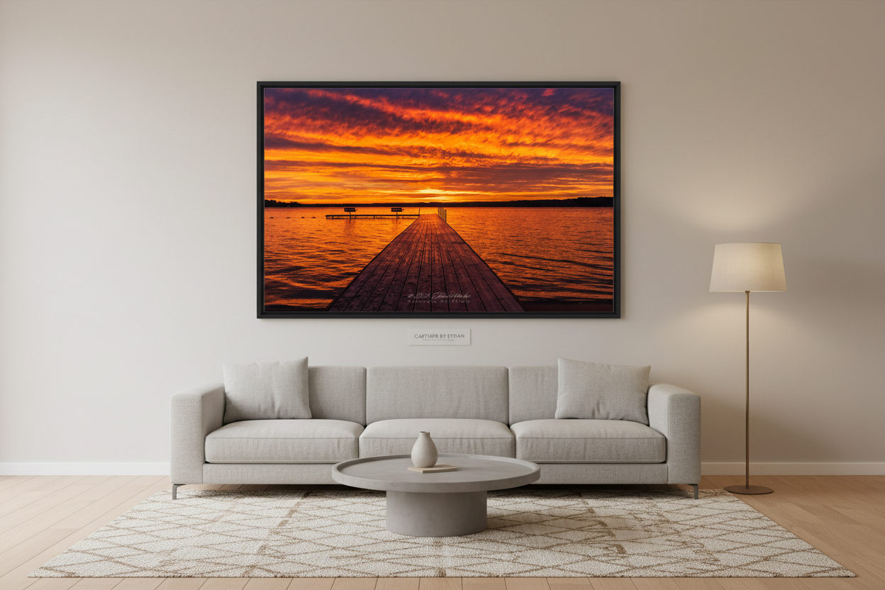 Large fine art landscape print of brilliant orange sunrise over Lake Leelanau dock from Leland Michigan displayed in modern living room