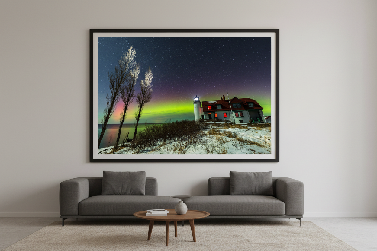 Large fine art landscape print of vivid green and pink aurora borealis glowing above Point Betsie Lighthouse with snow-covered ground and bare birch trees on Lake Michigan February 27 2023 displayed in modern living room