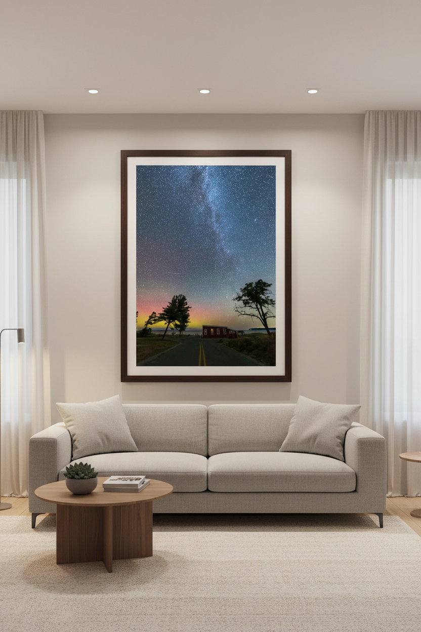 Large fine art portrait print of Milky Way arching overhead with thousands of stars faint aurora glow of pink green and yellow on horizon two tree silhouettes flanking glowing red barn along rural road at Glen Haven Michigan July 31 2022 displayed in modern living room