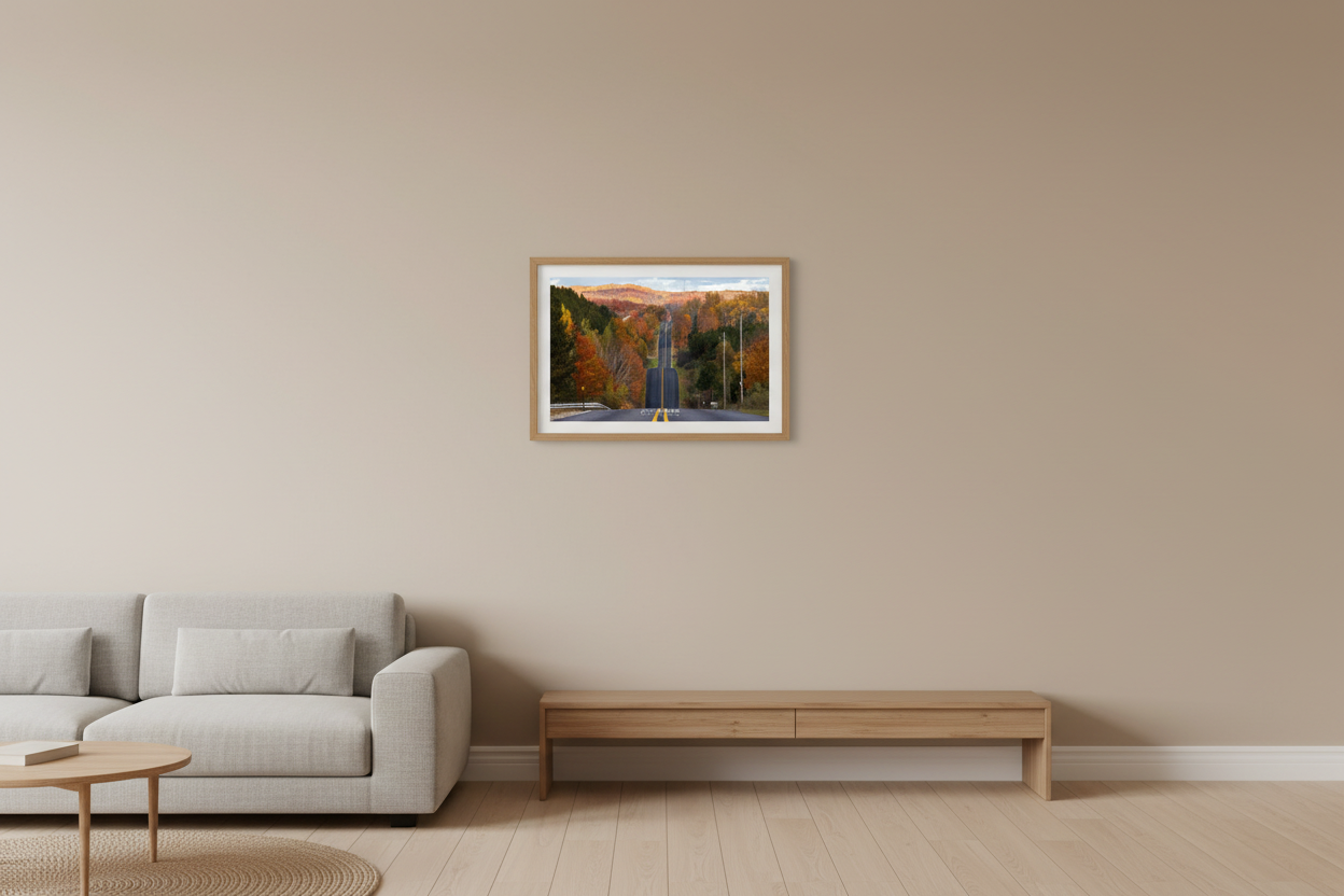 Small fine art landscape print of Schomberg Road Roller Coaster Hill fall color Michigan displayed in modern living room