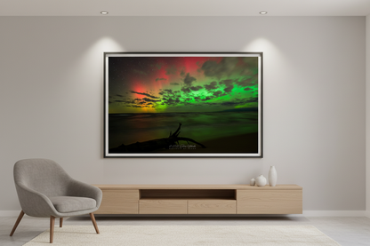 Large fine art landscape print of a rainbow aurora over Lake Michigan at Magoon Creek Natural Area Manistee County displayed in modern living room